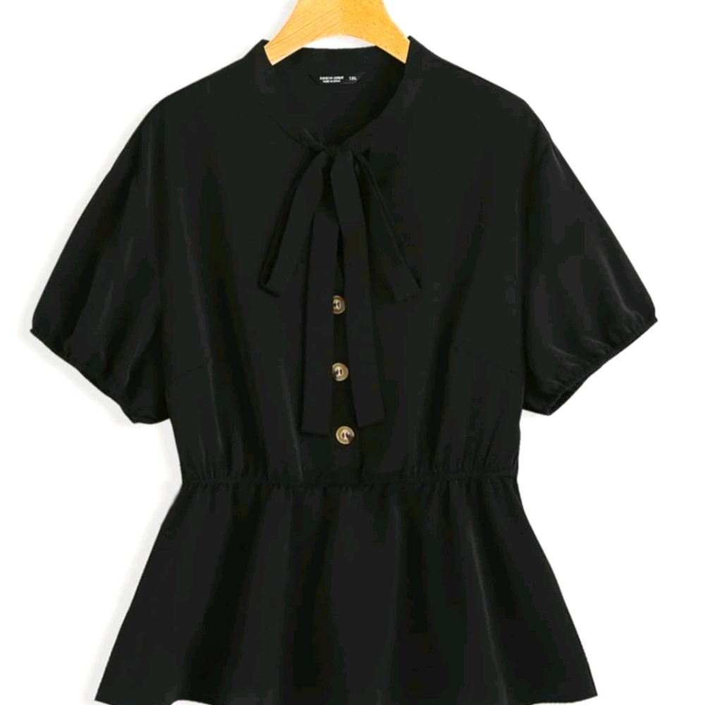 Plus Tie Neck Button Front Peplum Blouse